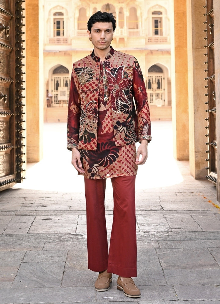 Maroon Red Printed Organza Kurta Set with Bundi