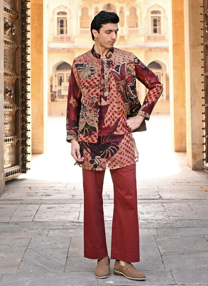 Maroon Red Printed Organza Kurta Set with Bundi