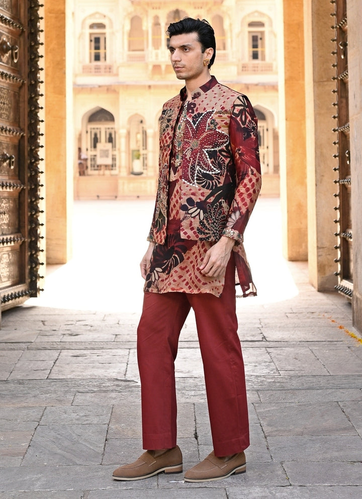 Maroon Red Printed Organza Kurta Set with Bundi
