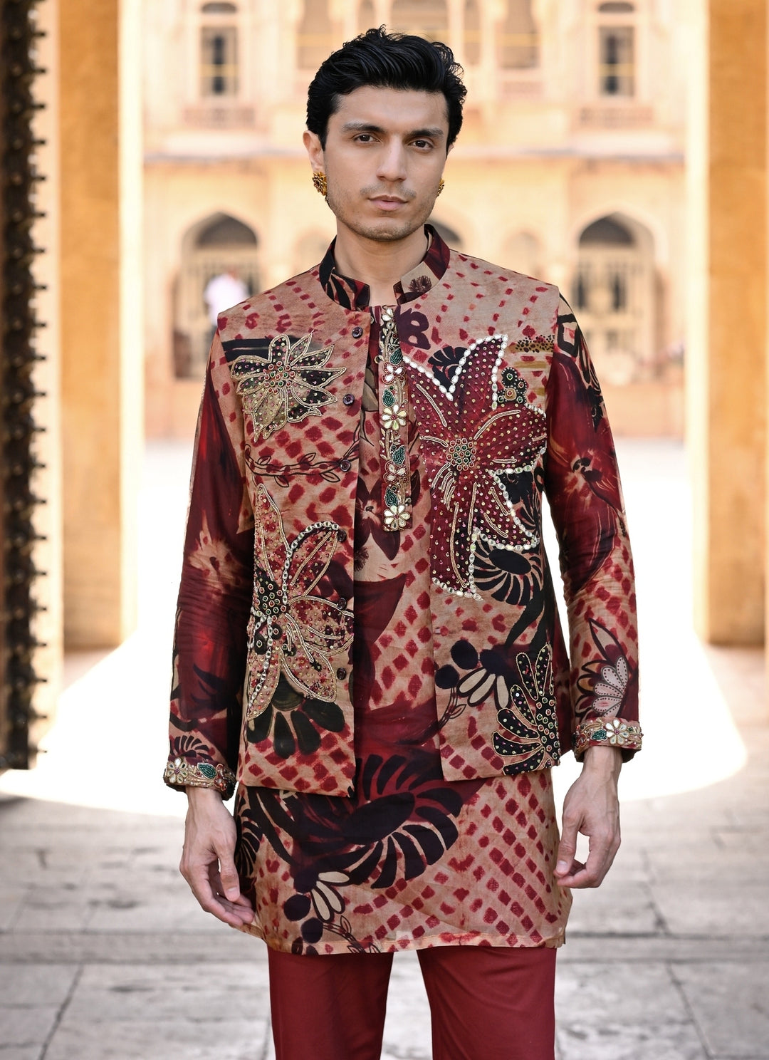 Maroon Red Printed Organza Bundi