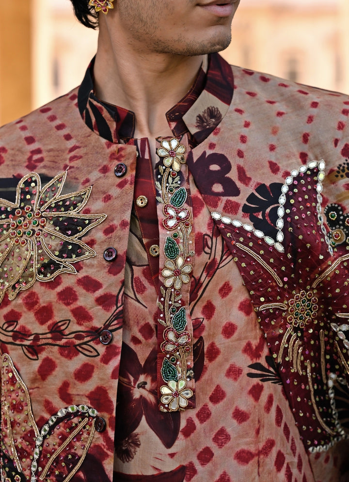 Maroon Red Printed Organza Bundi