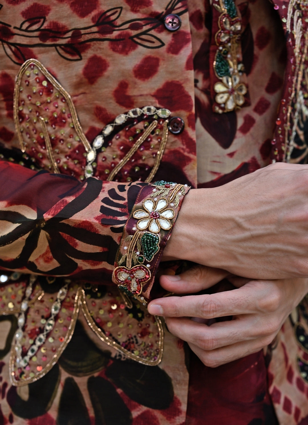Maroon Red Printed Organza Bundi