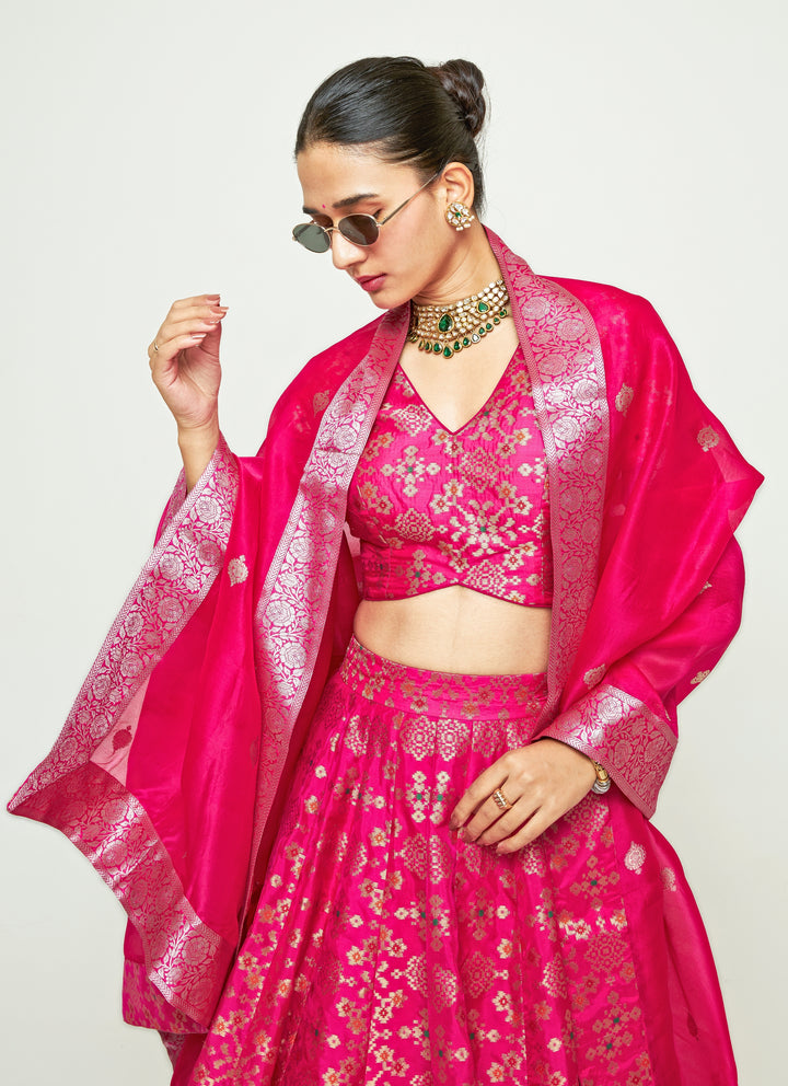 Pink Brocade Silk Lehenga Set