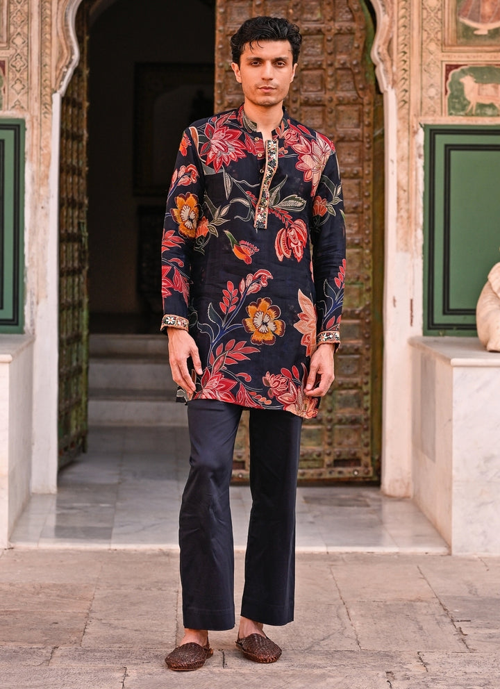Midnight Blue Printed Organza Kurta Pants Set