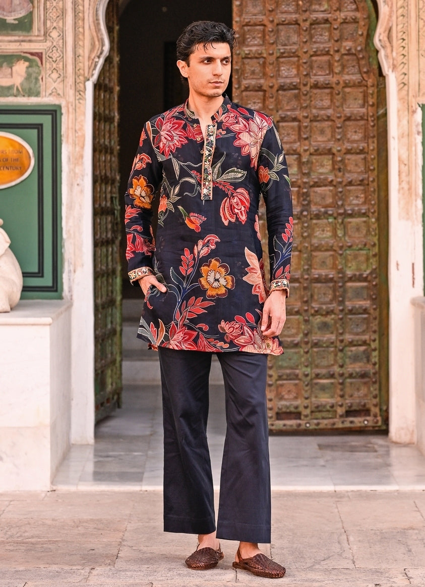 Midnight Blue Printed Organza Kurta Pants Set
