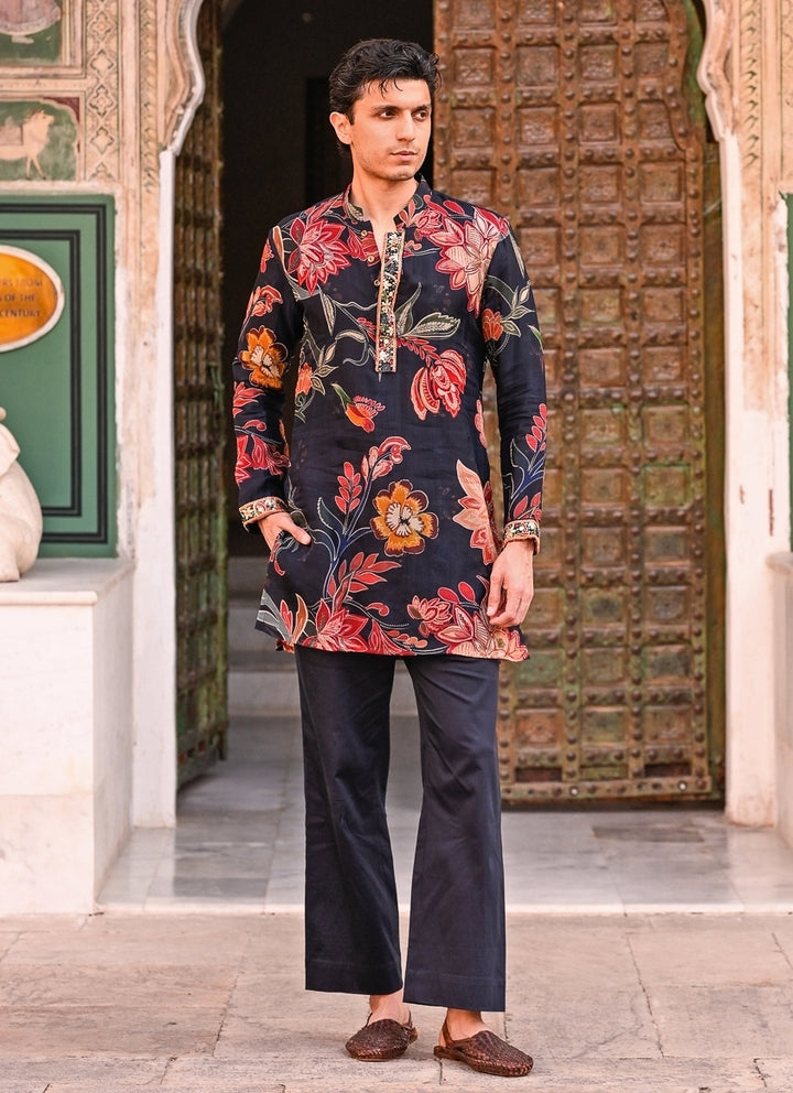 Midnight Blue Printed Organza Kurta Pants Set