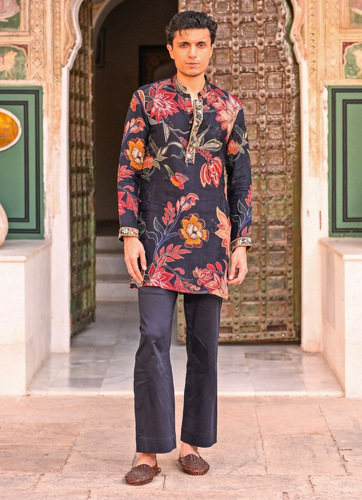 Midnight Blue Printed Organza Kurta Pants Set