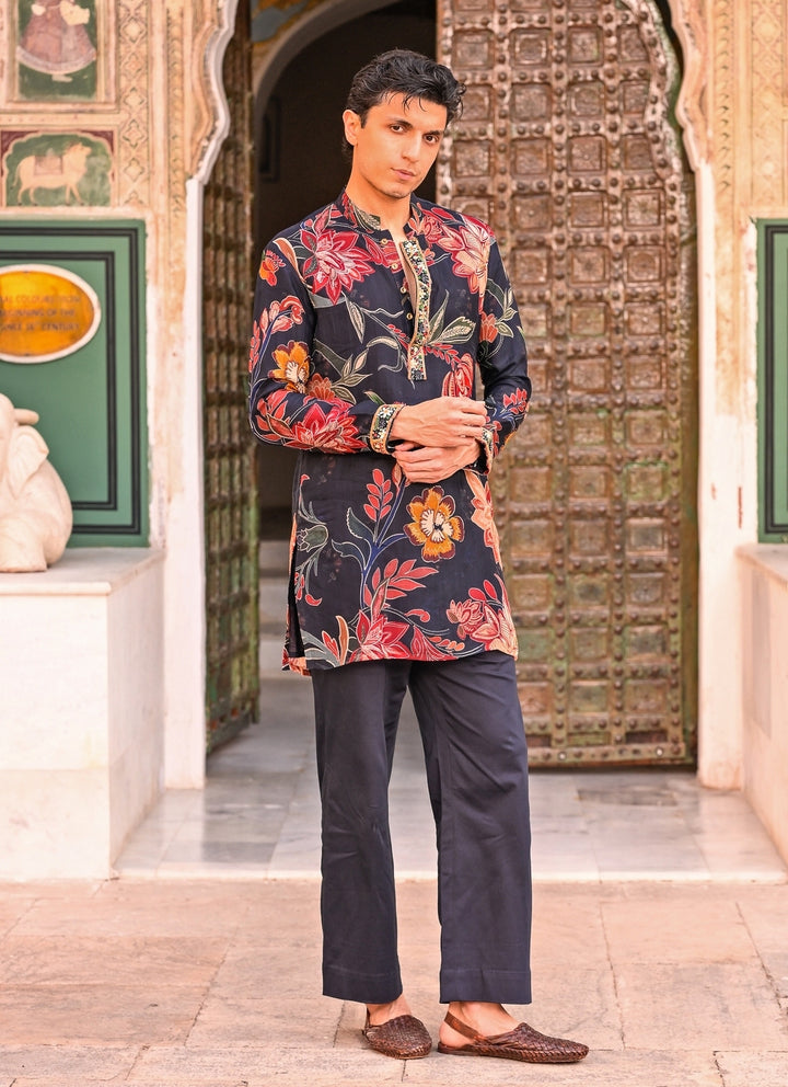 Midnight Blue Printed Organza Kurta Pants Set