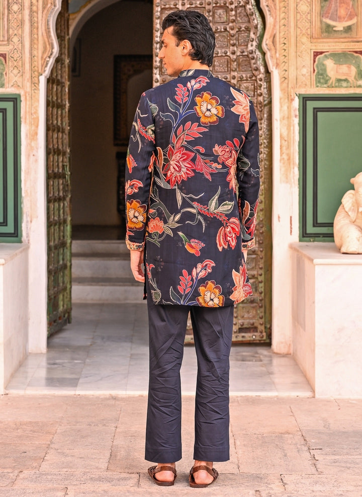 Midnight Blue Printed Organza Kurta Pants Set