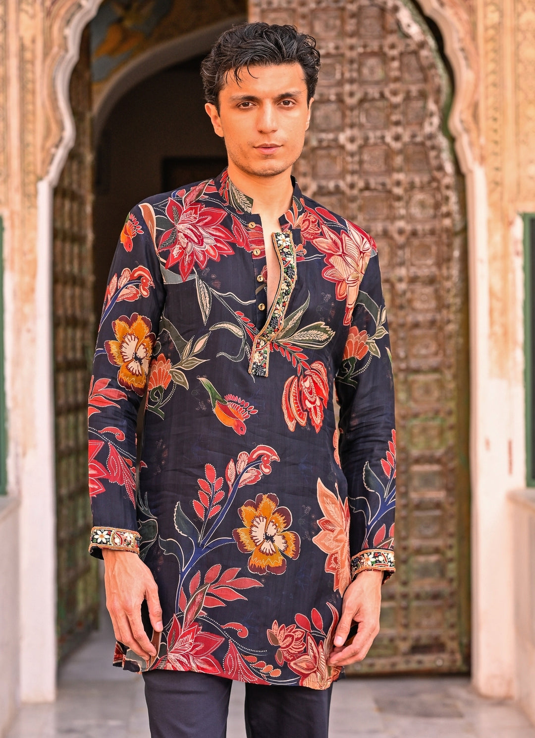 Midnight Blue Printed Organza Kurta Pants Set