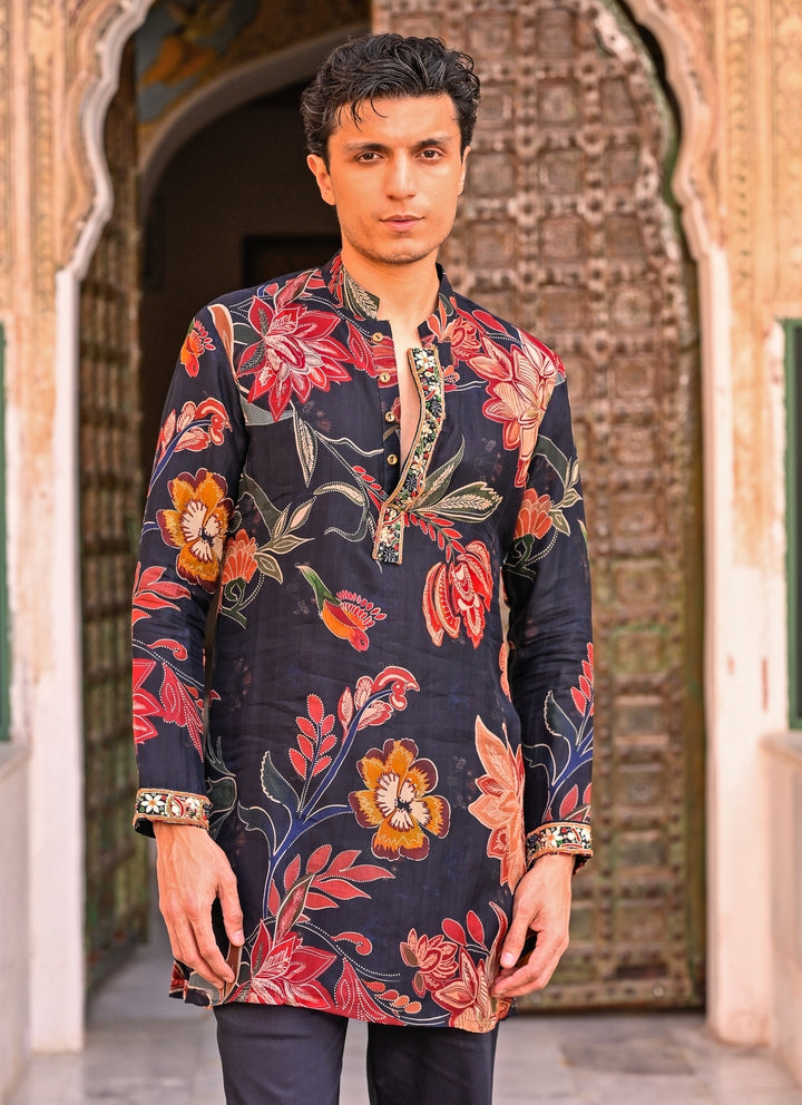 Midnight Blue Printed Organza Kurta Pants Set