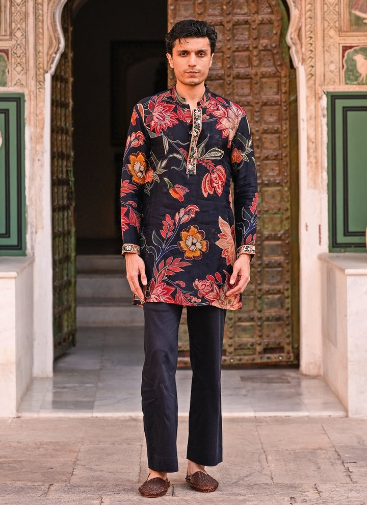 Midnight Blue Printed Organza Kurta Pants Set