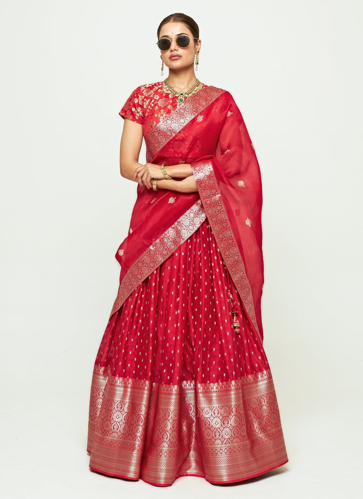 Red Chanderi Silk Lehenga Set