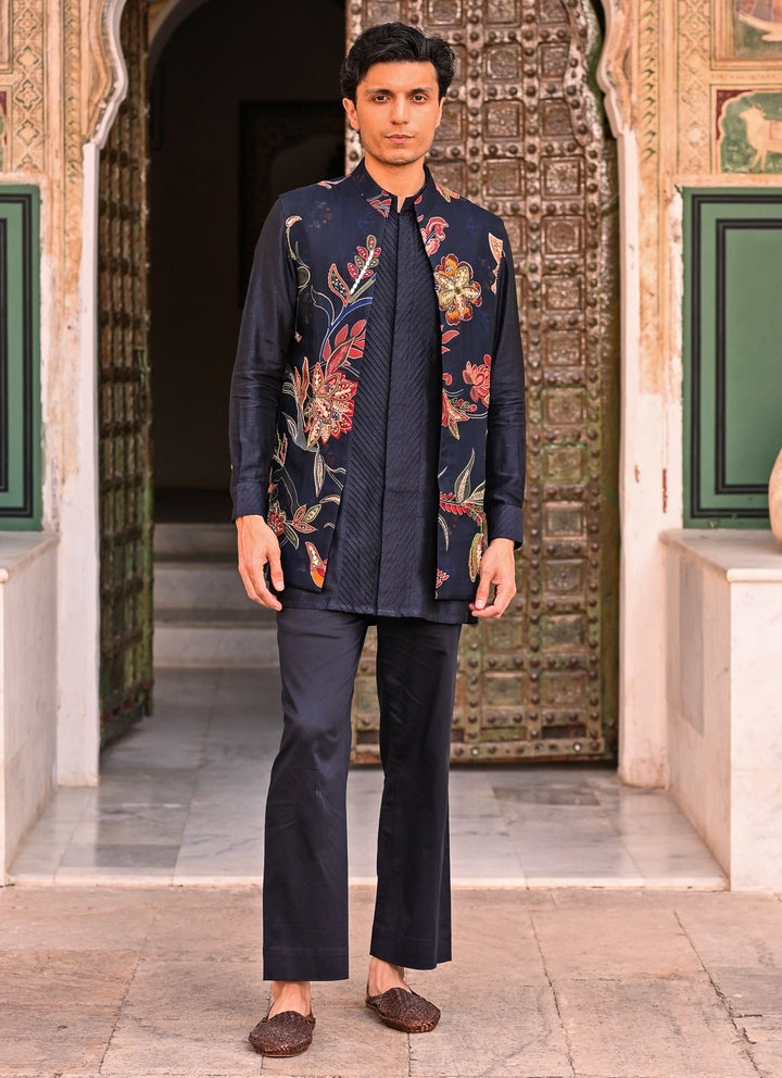 Midnight Blue Kurta Set with Printed Organza Half Jacket
