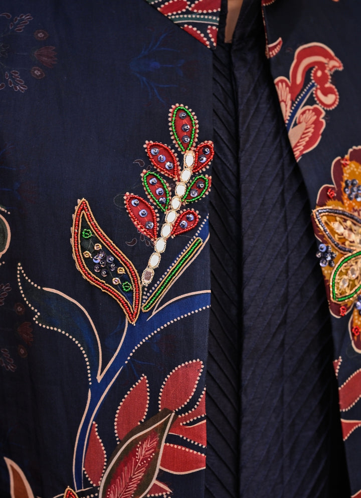 Midnight Blue Printed Organza Half Jacket