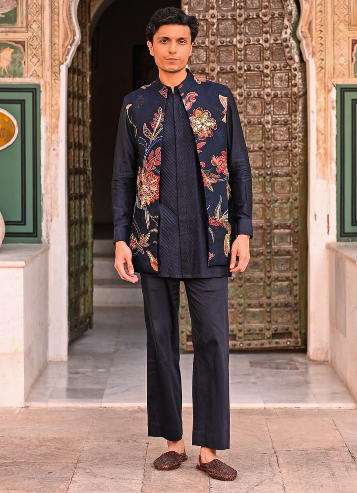 Midnight Blue Kurta Set with Printed Organza Half Jacket