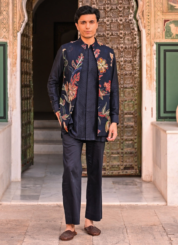 Midnight Blue Printed Organza Half Jacket