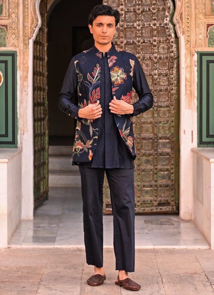 Midnight Blue Printed Organza Half Jacket