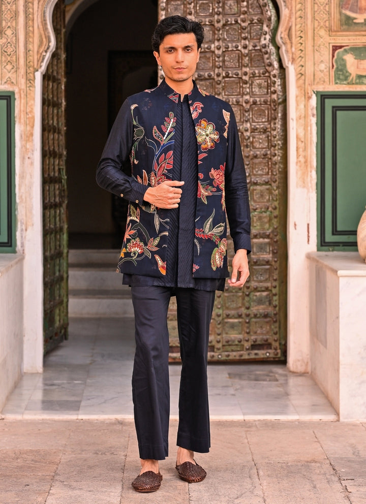 Midnight Blue Kurta Set with Printed Organza Half Jacket