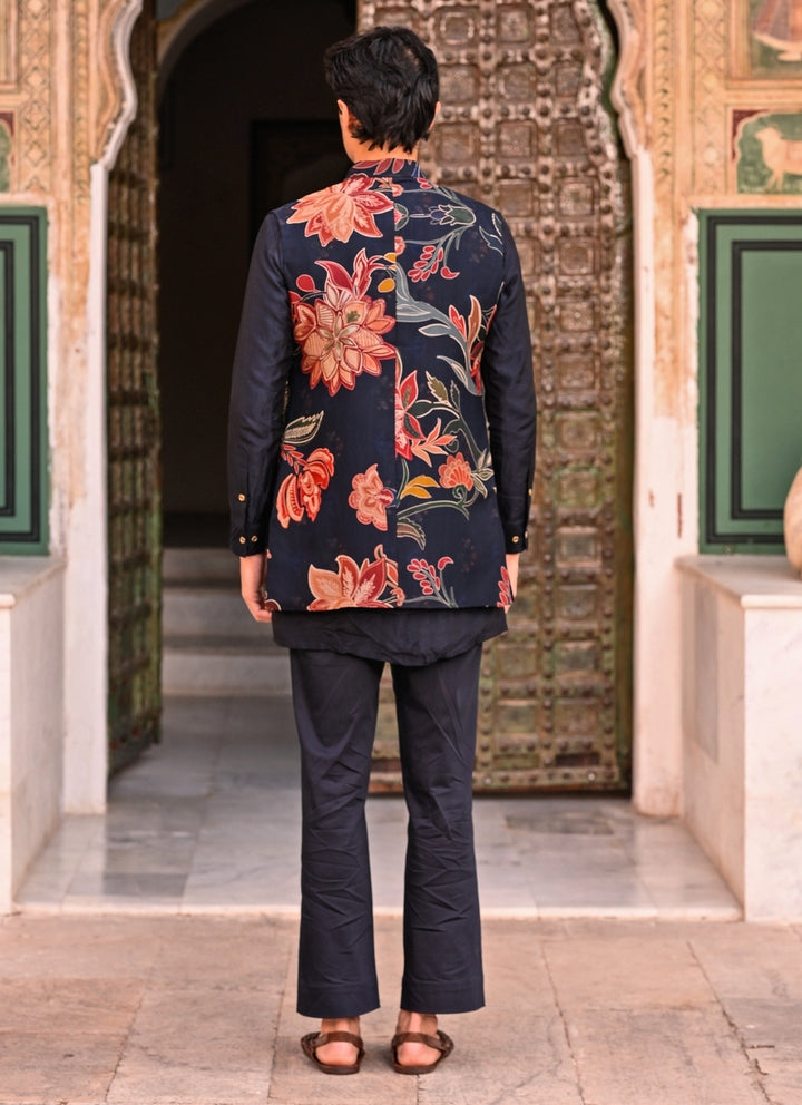 Midnight Blue Printed Organza Half Jacket