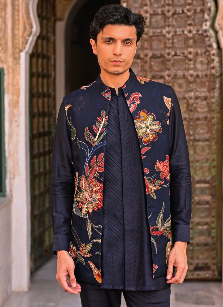Midnight Blue Printed Organza Half Jacket