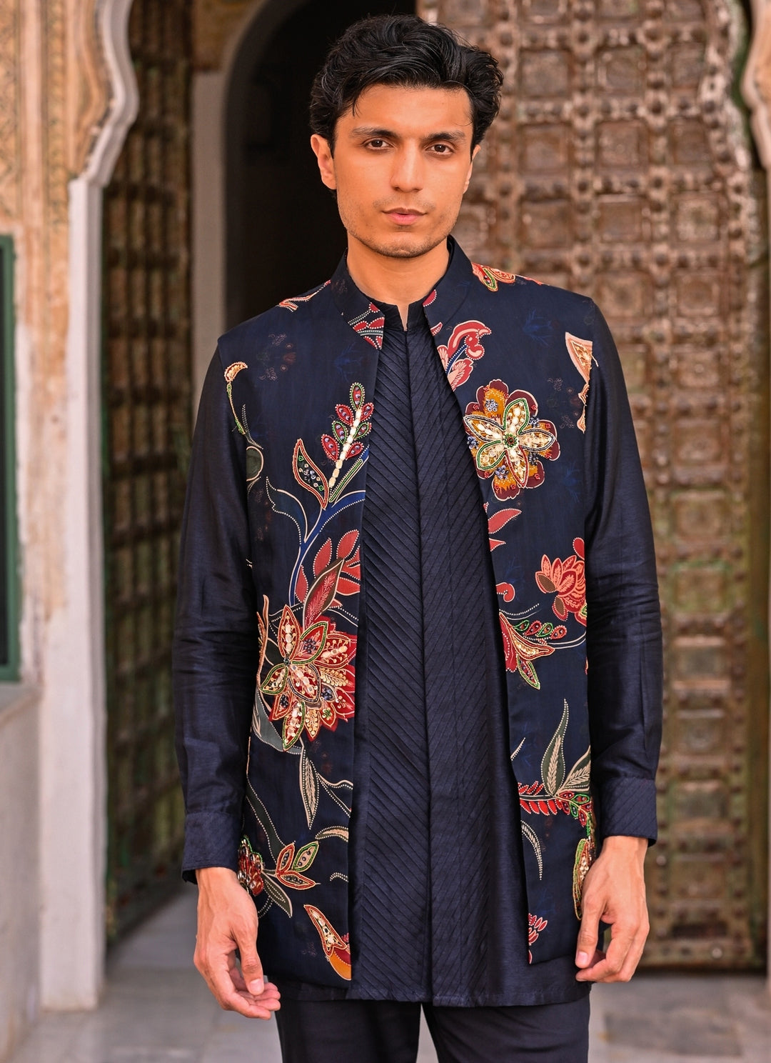Midnight Blue Kurta Set with Printed Organza Half Jacket