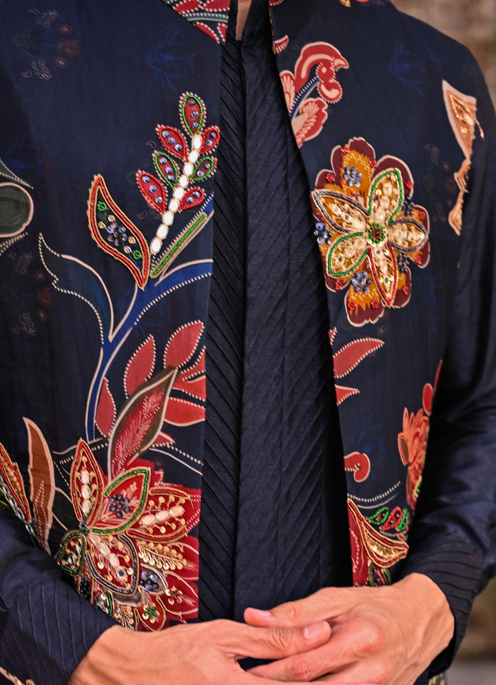 Midnight Blue Printed Organza Half Jacket