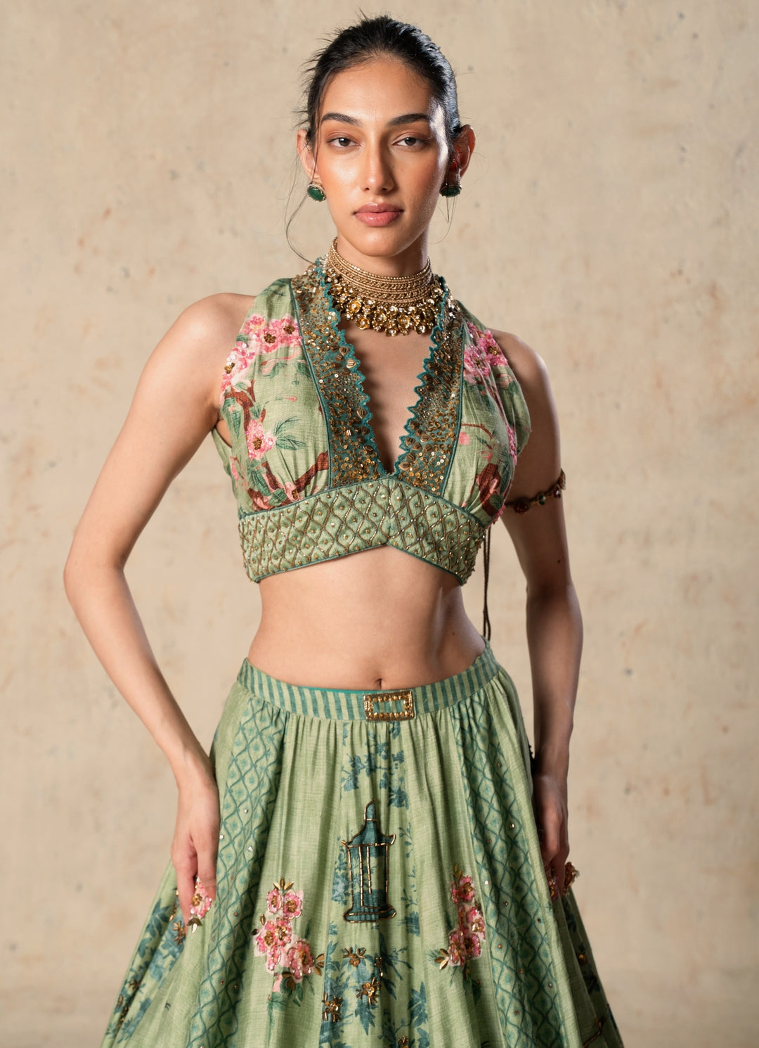 Green Printed Tussar Lehenga Set