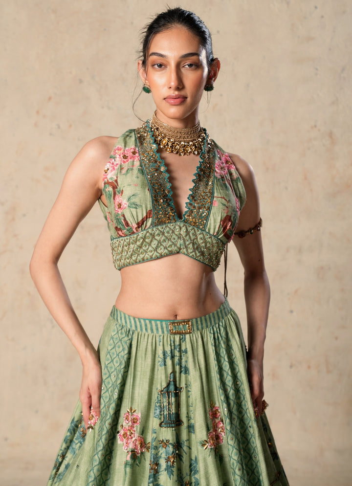Green Printed Tussar Lehenga Set