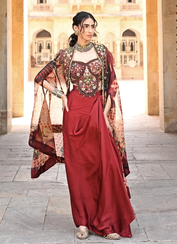 Maroon Red Satin Drape Skirt Set With Cape