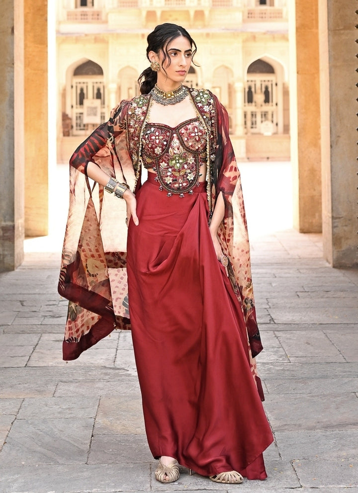 Maroon Red Satin Drape Skirt Set With Cape