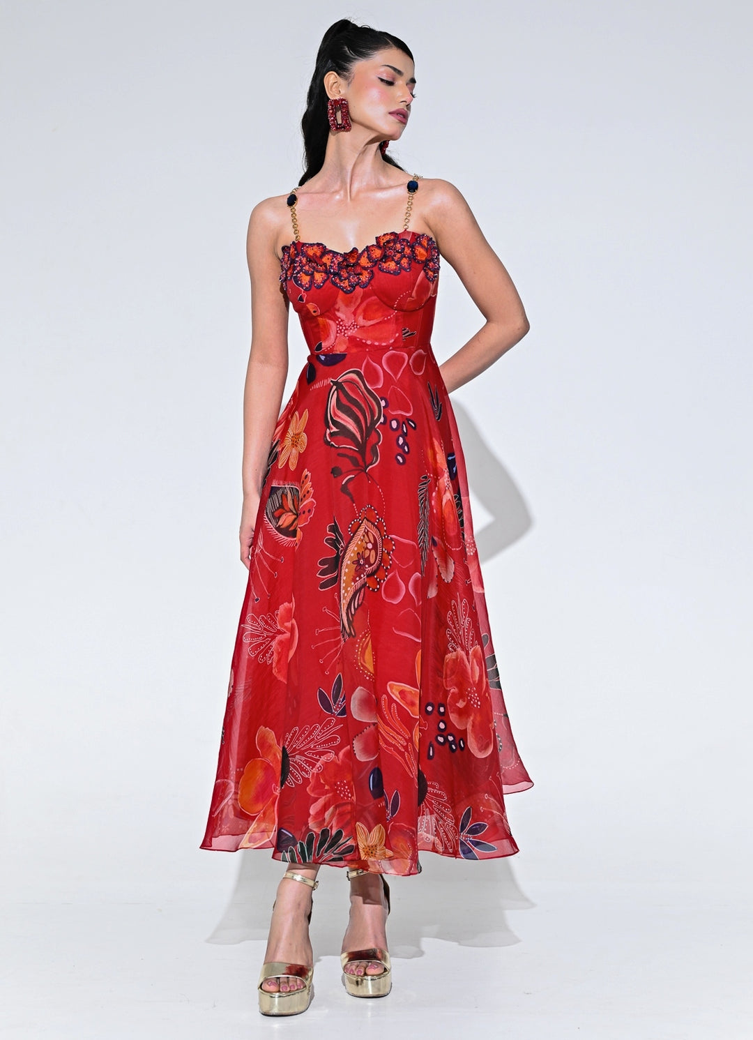 Red Floral Organza Corset Midi Dress