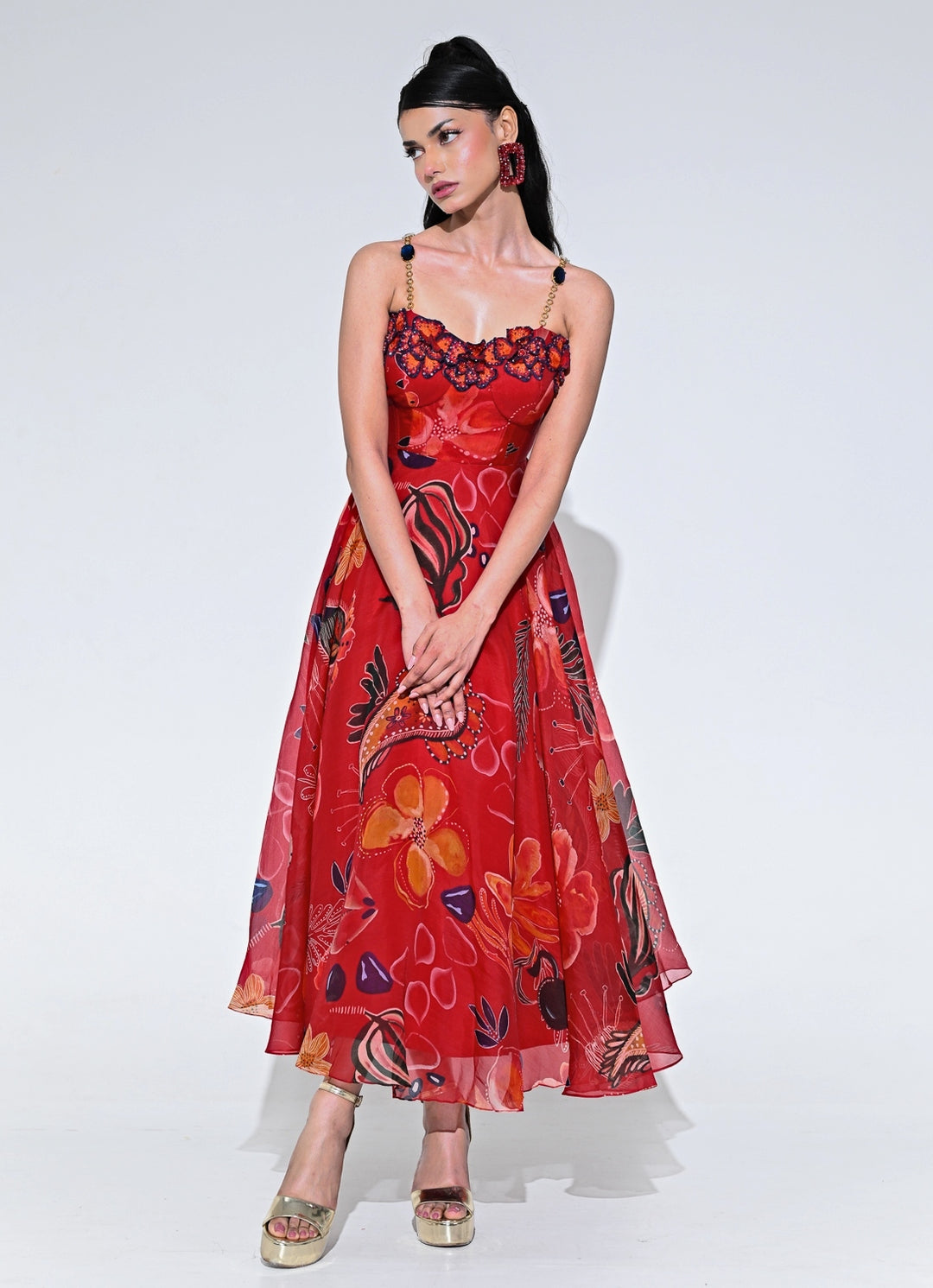Red Floral Organza Corset Midi Dress
