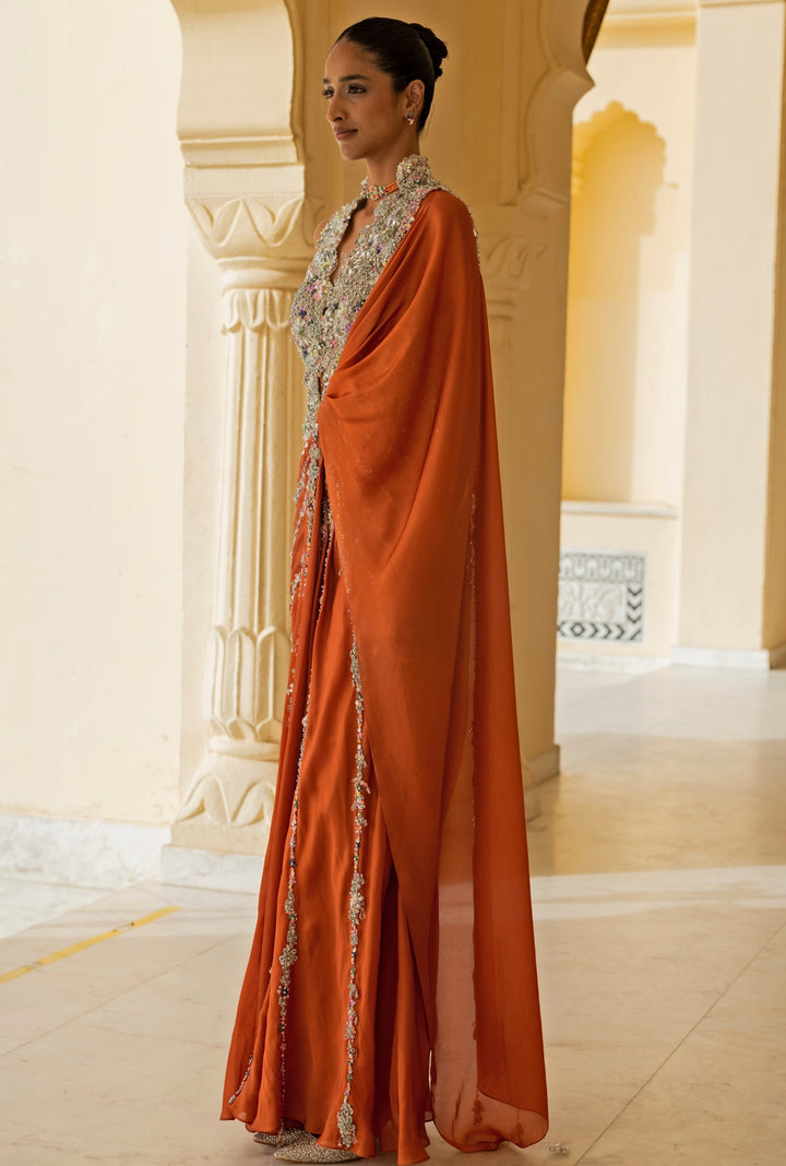 Coral And Nude Georgette Concept Saree Gown