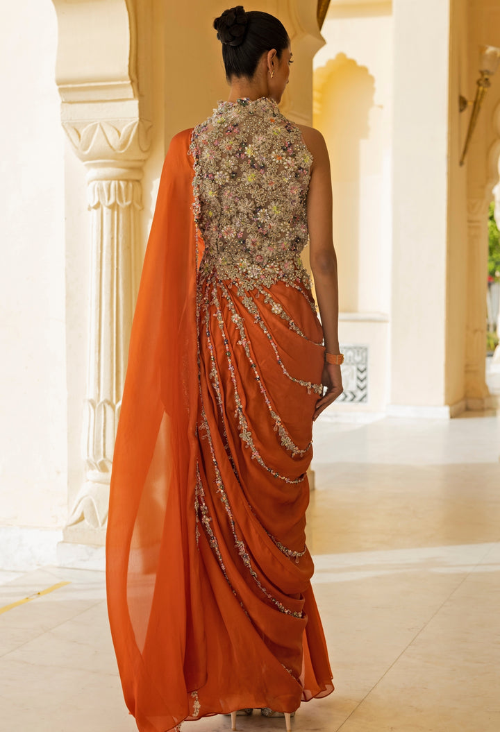 Coral And Nude Georgette Concept Saree Gown
