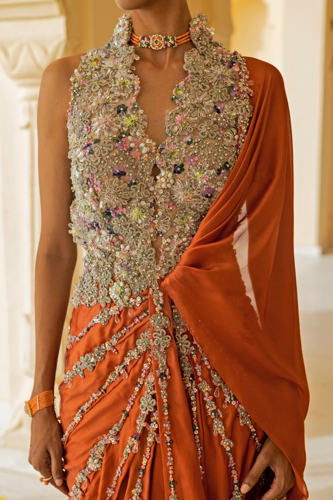 Coral And Nude Georgette Concept Saree Gown