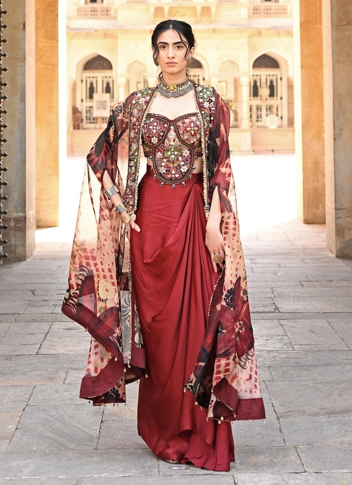 Maroon Red Satin Drape Skirt Set With Cape