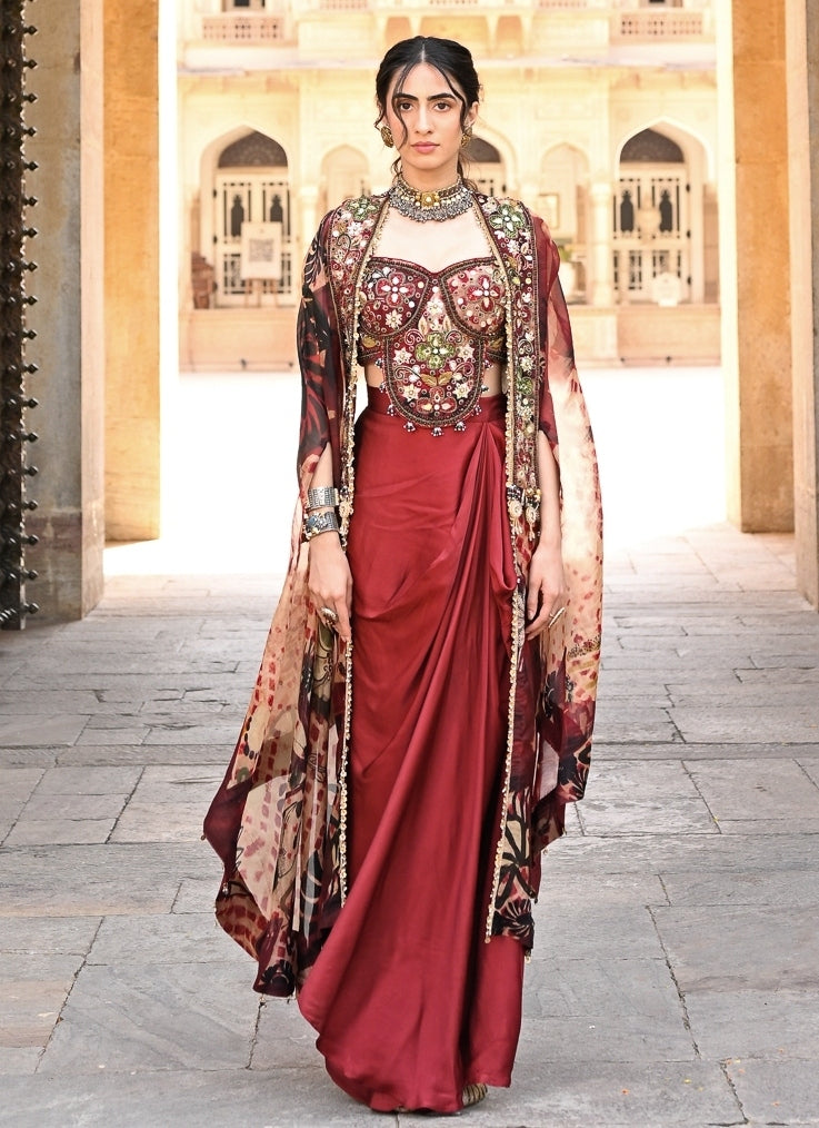 Maroon Red Satin Drape Skirt Set With Cape