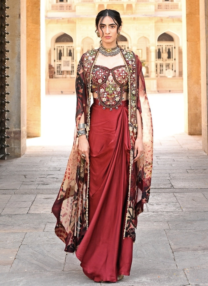 Maroon Red Satin Drape Skirt Set With Cape