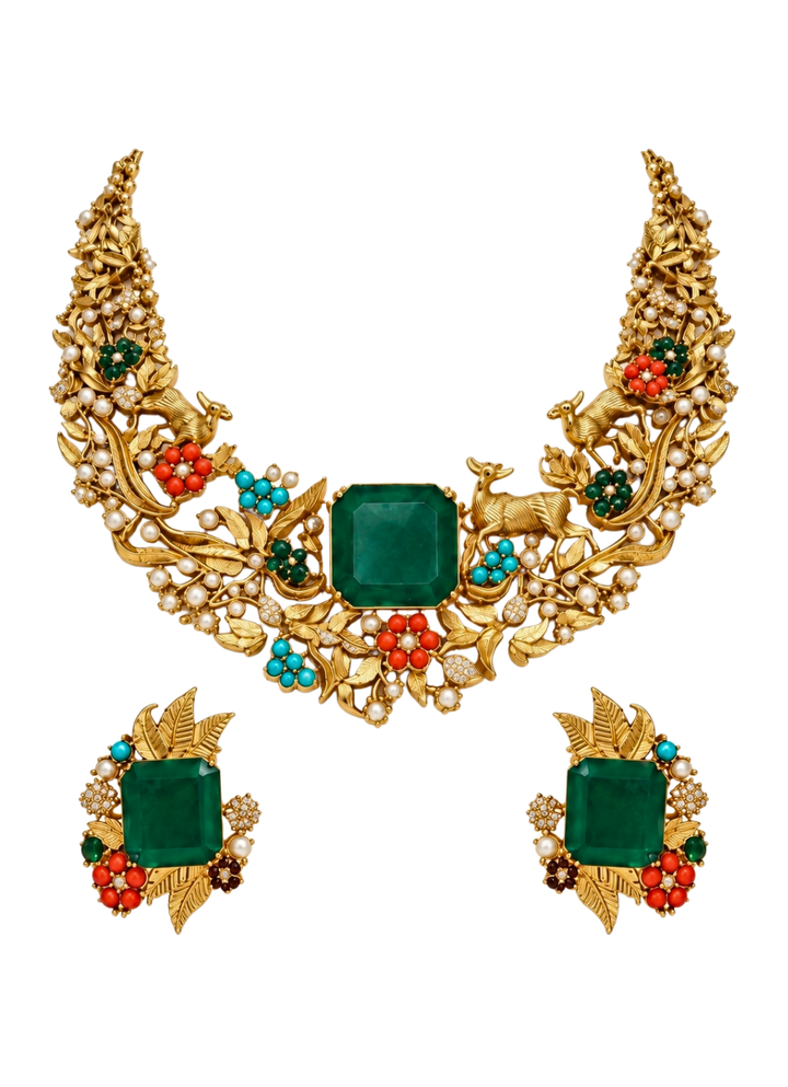 Emerald And Multicolour Stone Necklace Set