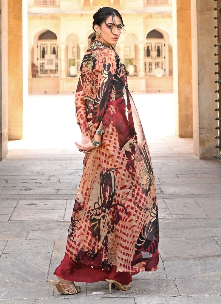 Maroon Red Satin Drape Skirt Set With Cape