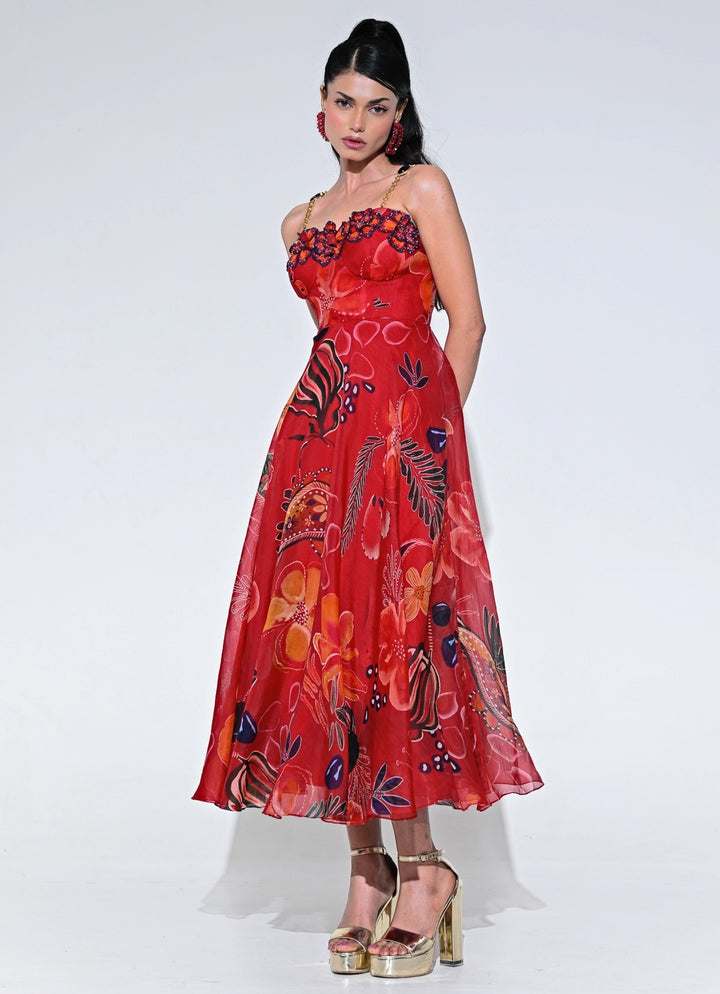 Red Floral Organza Corset Midi Dress