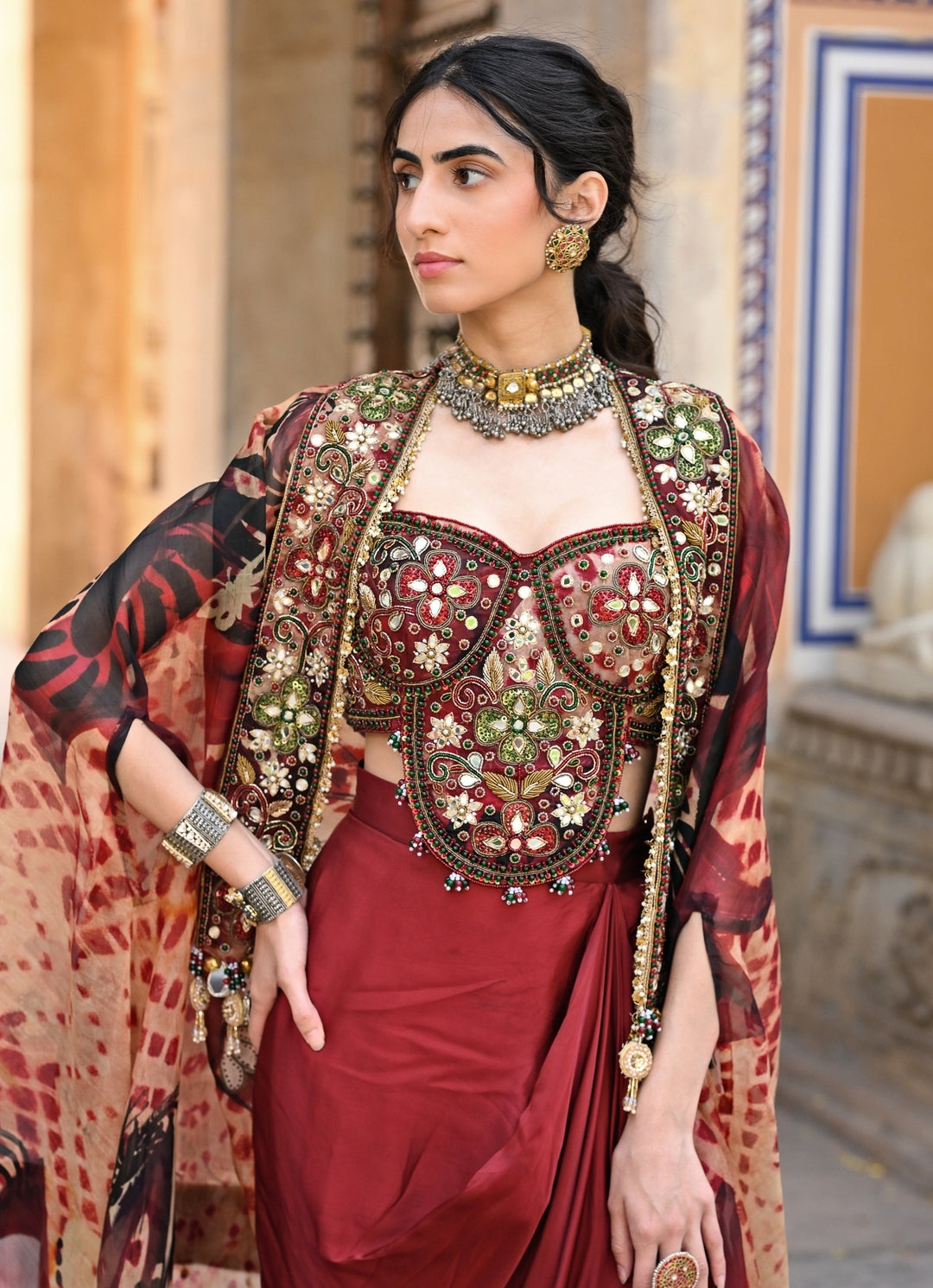 Maroon Red Satin Drape Skirt Set With Cape