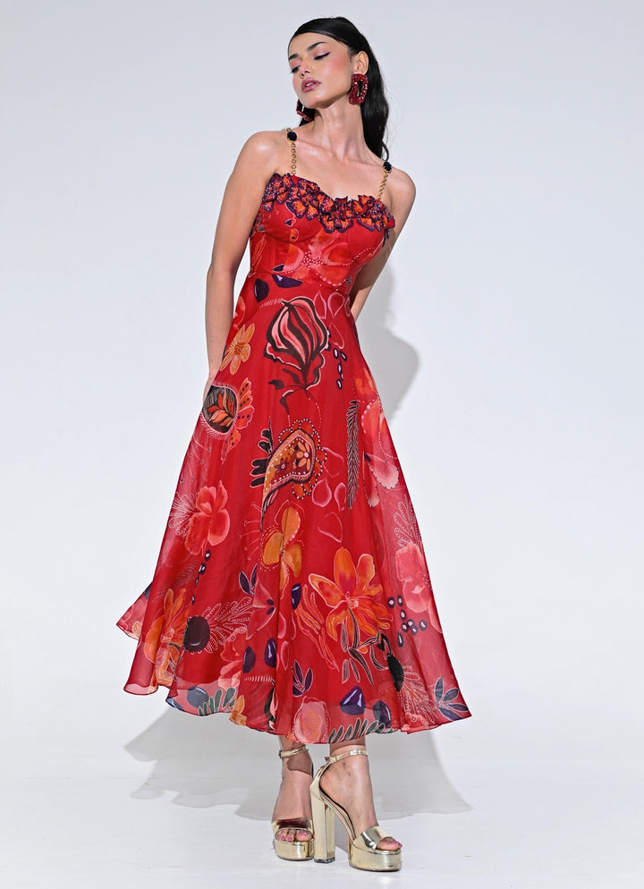 Red Floral Organza Corset Midi Dress