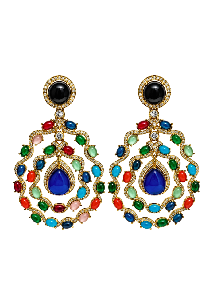 Gold Plated Kundan And Multicolor Stone Earrings