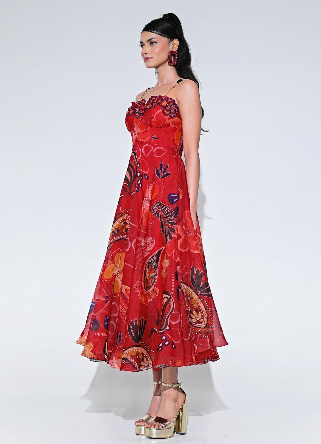 Red Floral Organza Corset Midi Dress