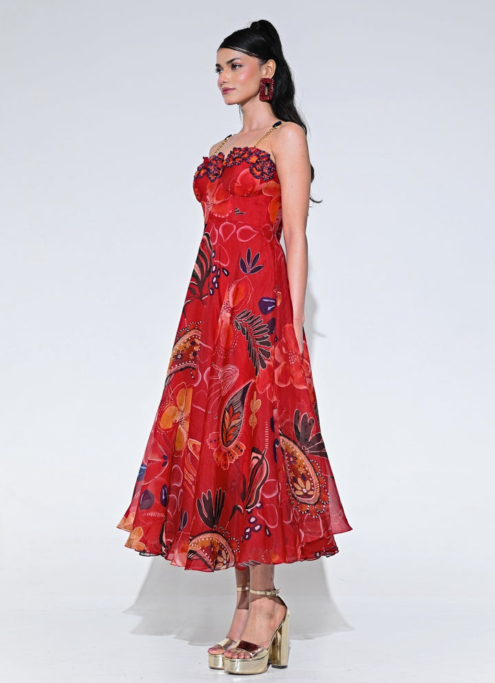 Red Floral Organza Corset Midi Dress