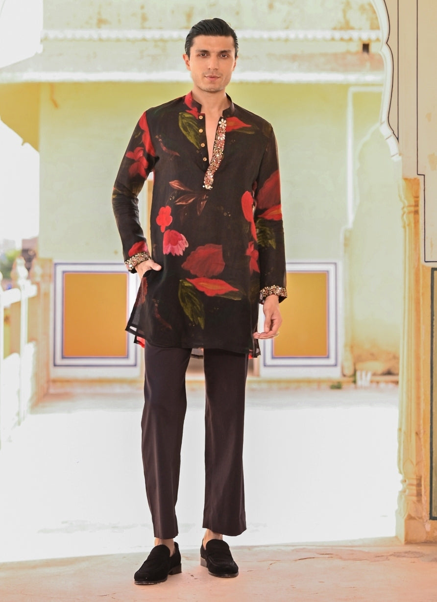 Black Floral Organza Kurta Pants Set