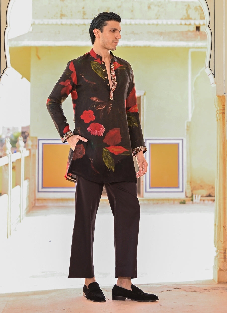Black Floral Organza Kurta Pants Set