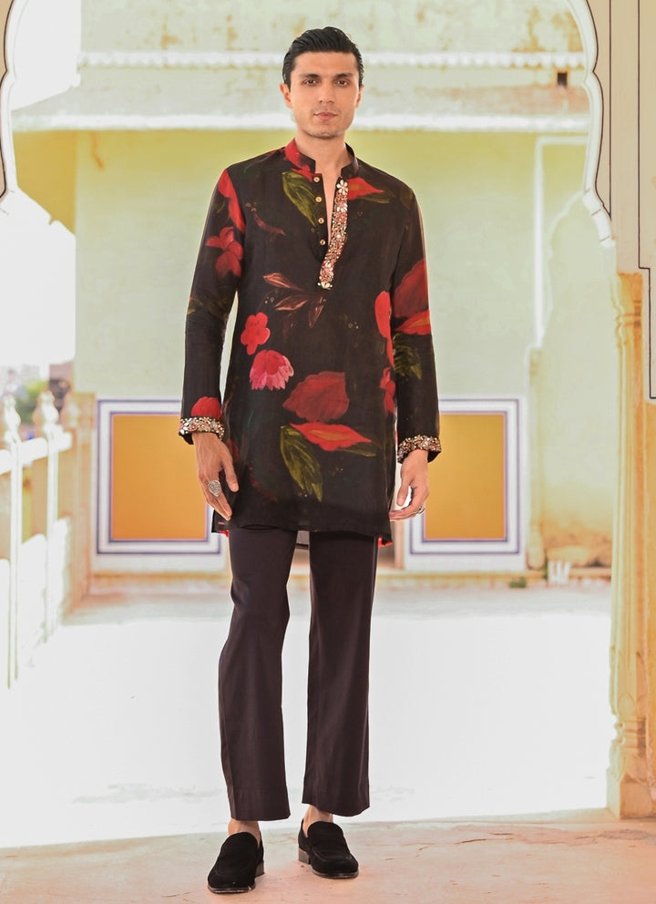 Black Floral Organza Kurta Pants Set
